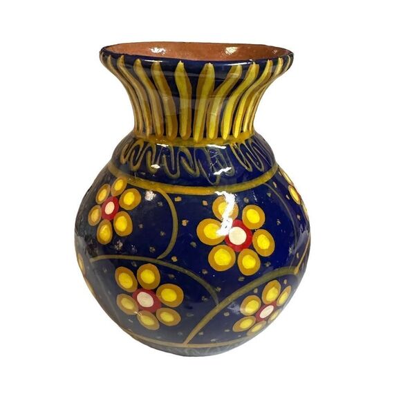 Mexican Red Clay Hand Painted Vase Terracotta 106 Glazed Pottery - Picture 1 of 4